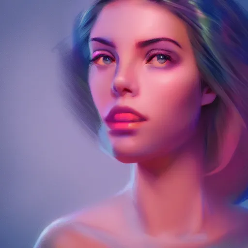 Prompt: high detail portrait of a beautiful woman, vaporwave lighting, concept art, beautiful