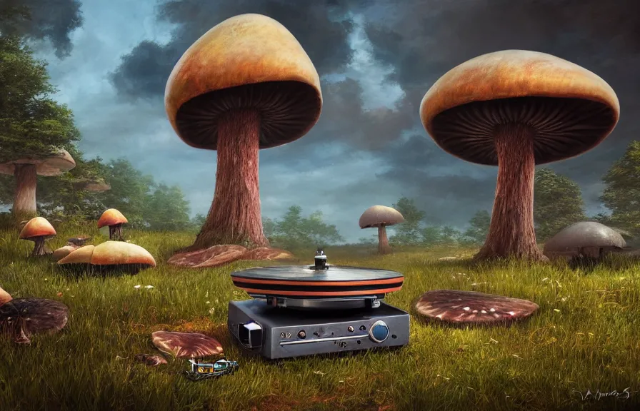 Image similar to A realistic painting of a vintage turntable, with giant psychedelic mushrooms growing out of it, in a post apocalyptic setting, ghibli, unreal 5, DAZ, hyperrealistic, octane render, RPG portrait, dynamic lighting