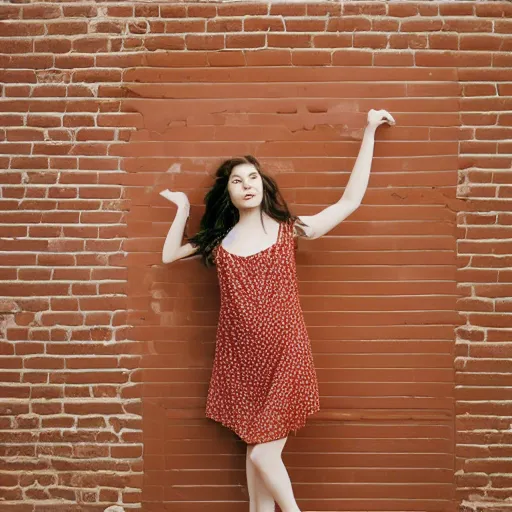 Image similar to a photo of a beautiful brown hair woman in a sun dress in a studio, an industrial studio with large windows and red brick walls, medium shot, 85mm lens, Kodak Portra 400 film, trending on Instagram