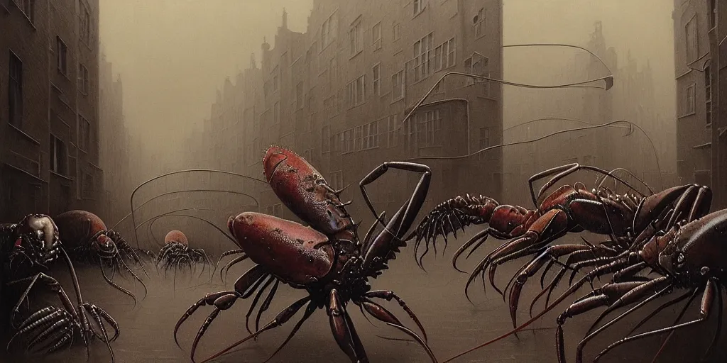 Image similar to painting of lobster like creatures with surrealistic morphed skeletons roaming the streets of Amsterdam, Zdzislaw Beksinski, Wayne Barlowe, Joe Fenton, gothic, cosmic horror, biomorphic, lovecraftian, amazing details, cold hue's, warm tone gradient background