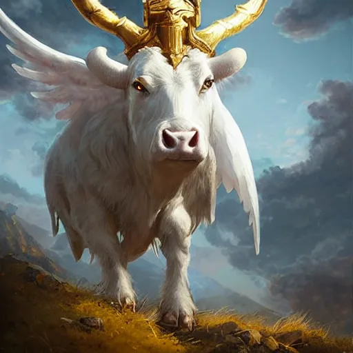 Image similar to a white bull with angelic wings and golden horns, epic fantasy digital art, fantasy style art, by Greg Rutkowski, fantasy hearthstone card art style