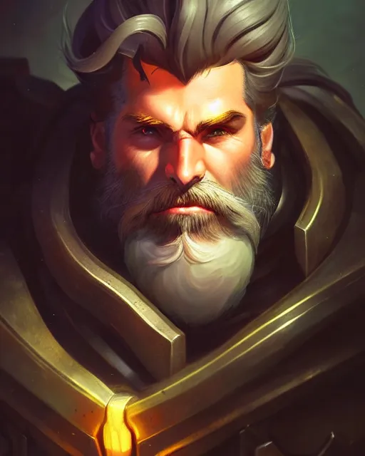 Prompt: reinhardt from overwatch, beard, scar through eye, character portrait, portrait, close up, highly detailed, intricate detail, amazing detail, sharp focus, vintage fantasy art, vintage sci - fi art, radiant light, caustics, by boris vallejo