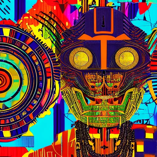 Image similar to a close up of a catchers mask on a colorful african textile background, cyberpunk art by esao, featured on behance, orphism, behance hd, kinetic, trance compilation cd