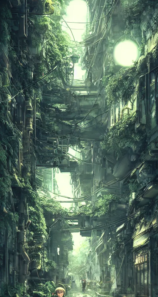 Prompt: Architectural section, dystopian, steampunk style, Miyazaki tekkonkintreet Teikoku Shounen style, amazing Traditional Japanese alley lane on full moon, machinery and wires, lush vegetation and ferns, sun rays, octane render, trending on artstation, hyper detailed, cinematic