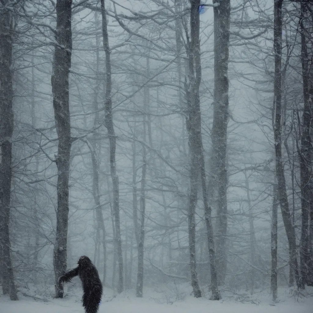 Image similar to photo, bigfoot is hiding in the background. cold color temperature, snow storm. hazy atmosphere. humidity haze. kodak ektachrome, greenish expired film, award winning, low contrast