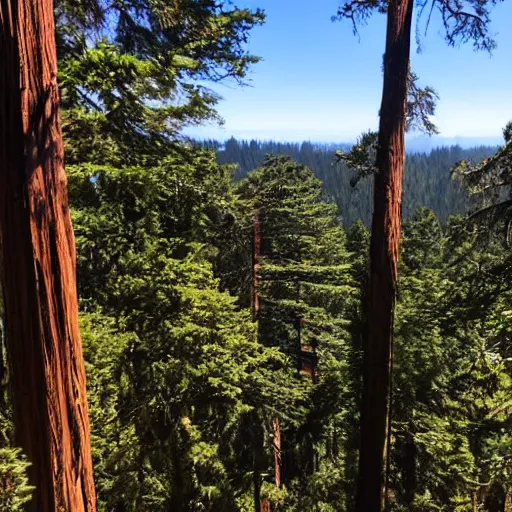 Prompt: view from the top of tree of redwood forest looking at the rest of the forest, swaying trees, windy, waves, rippling trees