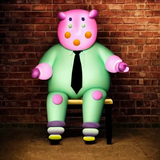 Image similar to Mr Blobby sitting depressed in a smoky cafe