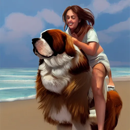 Image similar to girl riding a giant saint Bernard at the beach catching a frisbee, trending on artstation