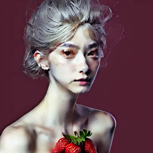 Image similar to the portrait of an absurdly beautiful, graceful, elegant, sophisticated, fashionable young gravure idol made of strawberries and white petals, an ultrafine hyperdetailed illustration by kim jung gi, irakli nadar, intricate linework, bright colors, octopath traveler, final fantasy, unreal engine 5 highly rendered, global illumination, radiant light, detailed and intricate environment