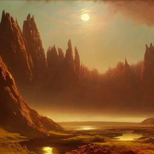 Prompt: A landscape from an alien exoplanet, monsters in the background, trending on artstation by Albert Bierstadt