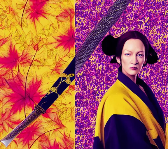 Image similar to breathtaking detailed pattern pastel colors, action scene from kill bill, with uma thurman ( kill bill ) in yellow kimono, with hatori hanzo katana sword and autumn leaves, by hsiao - ron cheng, bizarre compositions, exquisite detail, enhanced eye detail