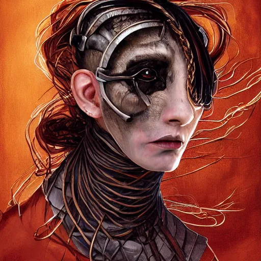 Image similar to portrait of a Shibari rope wrapped face and neck, headshot, insanely nice professional hair style, dramatic hair color, digital painting, of a old 15th century, old cyborg merchant, amber jewels, baroque, ornate clothing, scifi, realistic, hyperdetailed, chiaroscuro, concept art, art by Franz Hals and Jon Foster and Ayami Kojima and Amano and Karol Bak,