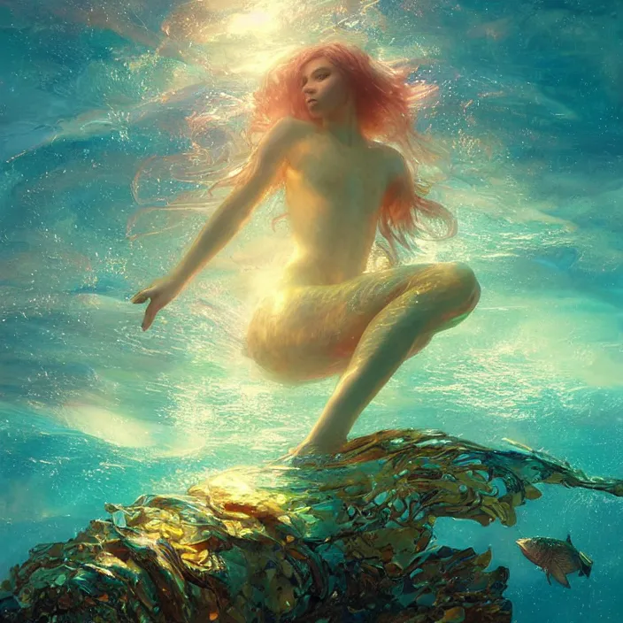 Image similar to glimmering mermaid swimming underwater, golden hour, god rays, coral reef, dreamscape by artgerm and ruan jia and ismail inceoglu and greg olsen, cosmos, milky way galaxy, masterpiece, beautiful, intricate, elegant, highly detailed, palm trees