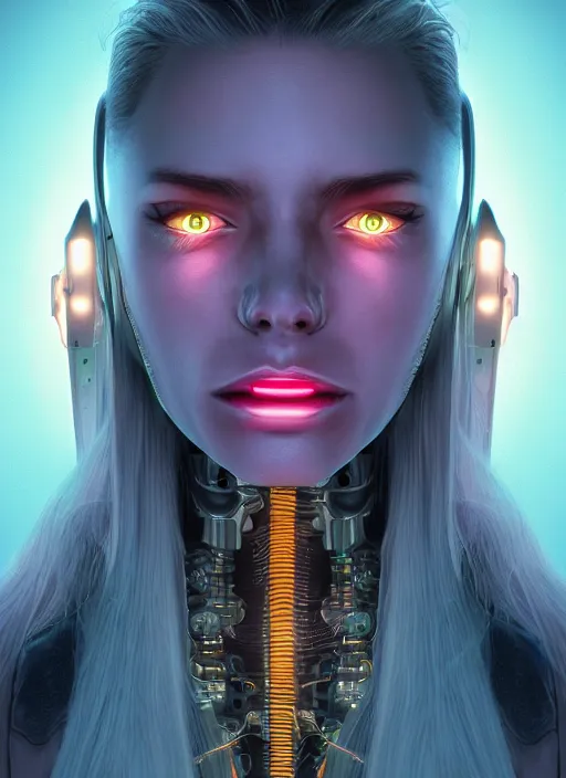 Image similar to portrait of a cyborg humanoid girl with mechanical and electronic element, neon light, illustrated by Michael Whelan, highly detailed, trending on artstation