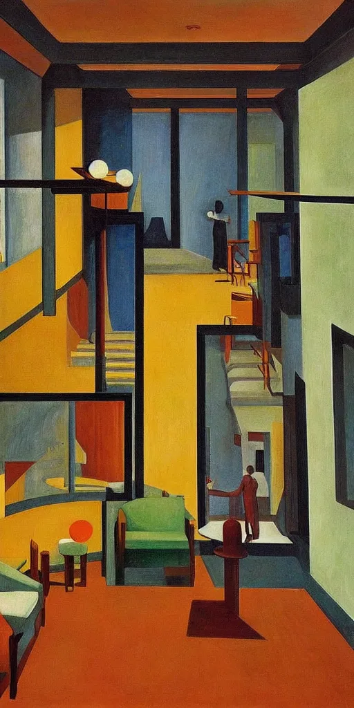 Prompt: midcentury modern atrium, hanging mobile, grant wood, pj crook, edward hopper, colorful, oil on canvas