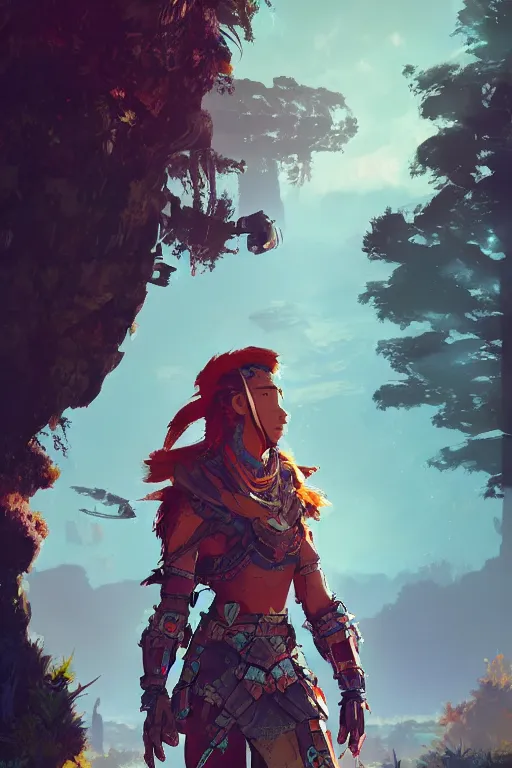 Image similar to combination suit armor aloy horizon forbidden west horizon zero dawn radiating a glowing aura global illumination ray tracing hdr fanart arstation by ian pesty and alena aenami artworks in 4 k tribal robot ninja mask helmet backpack