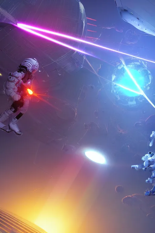 Image similar to wide view of futuristic spacemen firing lasers in zero gravity, floating, in the sky, bright white light, hiding behind obstacles, surrounded by a square laser grid, unreal engine, lensflares, low perspective, fish eye