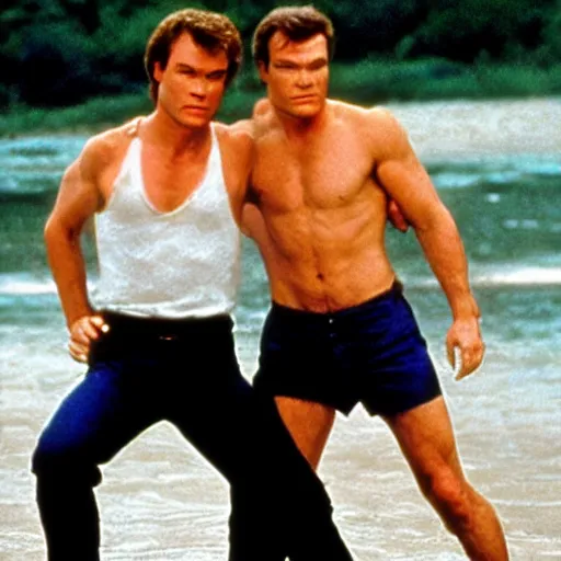 Prompt: dexter morgan and patrick swayze in dirty dancing movie still