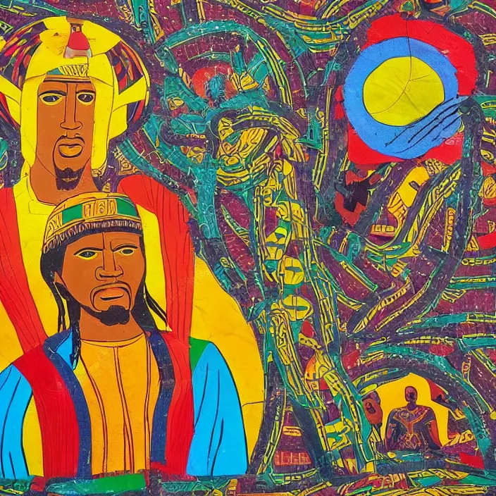 Prompt: UFO hovering over an African Jesus , colourful, in the style of Nigerian truck art (Eagle & Snake, Kano),