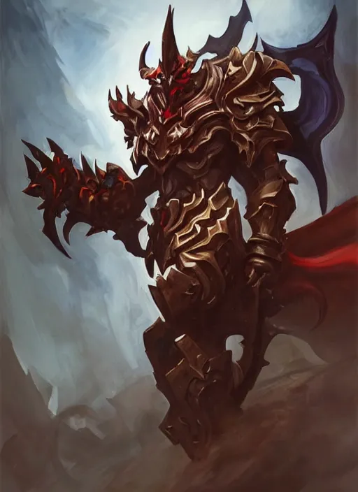 Image similar to Greg Manchess portrait painting of a demonic, devil armored character from league of legends, full shot, asymmetrical, profile picture, Organic Painting, sunny day, Matte Painting, bold shapes, hard edges, street art, cybernetic, metalic, robotic, trending on artstation, by Huang Guangjian and Gil Elvgren and Sachin Teng