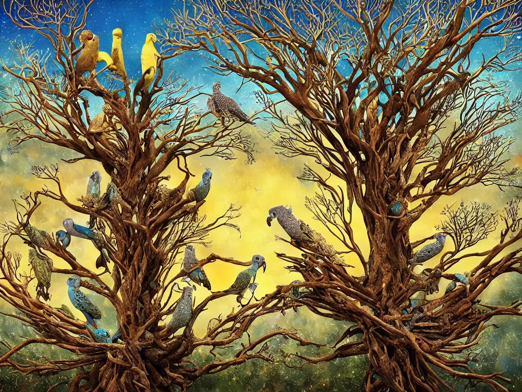 Prompt: a large group of photoreal platypus and budgies and cockatoo and echidna and kangaroo and owls sit on a complex ancient spiral fractal tree made from gnarled intertwining roots and golden filigree and rusty old machine parts and opal gemstones and peacock and aboriginal dot painting, australian desert sunset catherdral, by amanda sage, by brian froud, by Frederick McCubbin, by beeple, trending on cgsociety, trending on artstation, 8k 3d, high definition