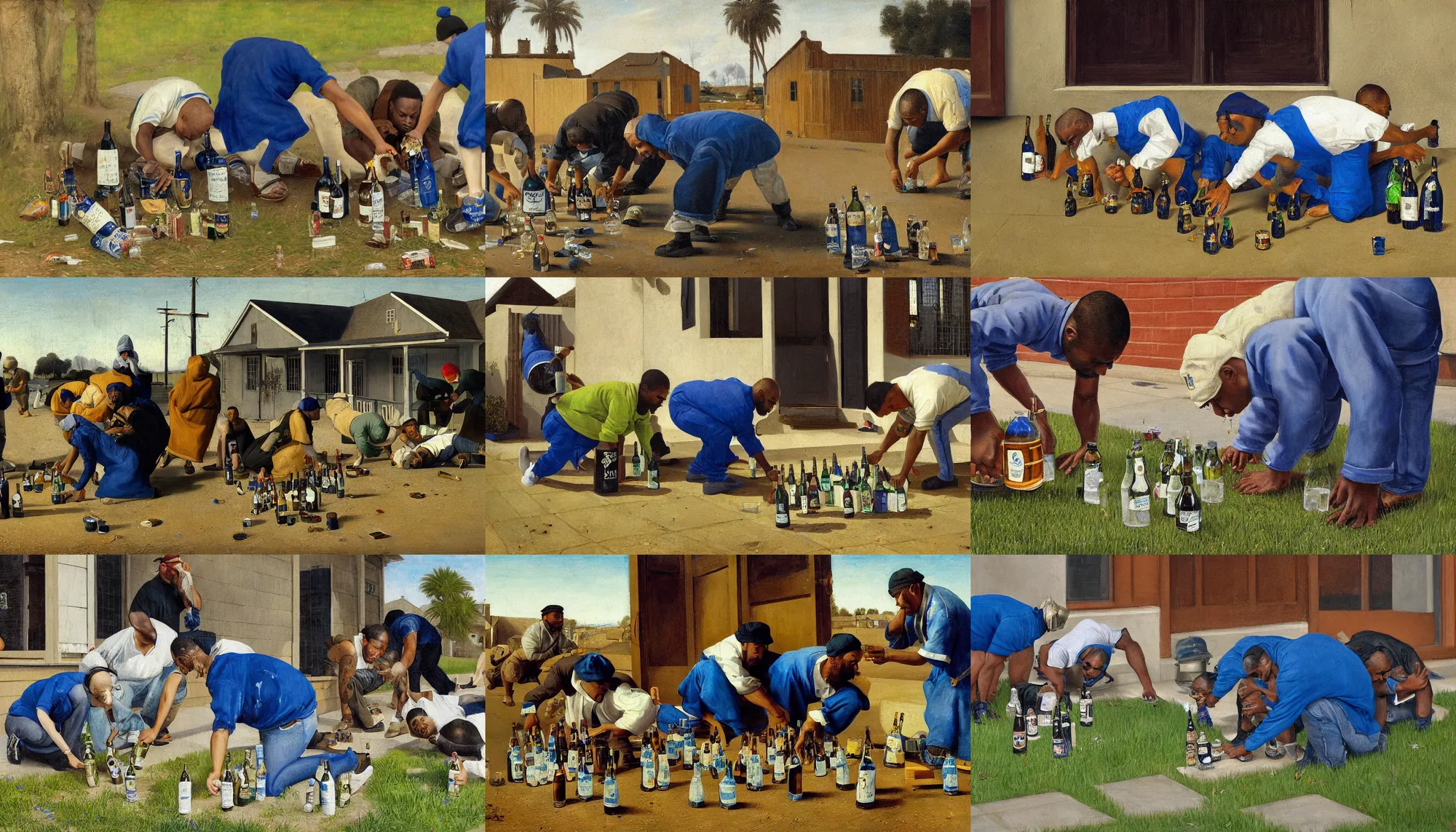 Prompt: a close up painting of los angeles crip gang members pouring st. ides malt liquor on the ground in honor of a dead homie, front porch of a home in compton california, closeup, low angle, green grass, westside, midday, in the style of vermeer