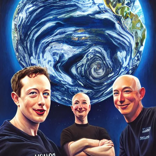 Image similar to portrait of elon musk, mark zuckerberg and jeff bezos together, looking at planet earth, very detailled, art contest winner on behance, trendy on deviantart, donato giancola, joseph christian leyendecker, les edwards, ed repka, wlop