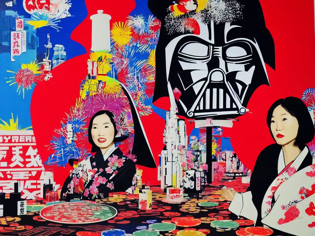 Image similar to hyperrealistic composition, in the middle the woman in a japanese kimono, behind her stands the darth vader, in front of her a table from the casino, in the background is ( ( mount fuji ) ) and fireworks, pop - art style, jacky tsai style, andy warhol style, acrylic on canvas