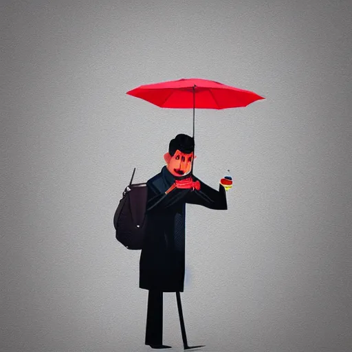 Image similar to a man with umbrella hiding from french fries falling from the sky, digital art, illustration, hyper realistic