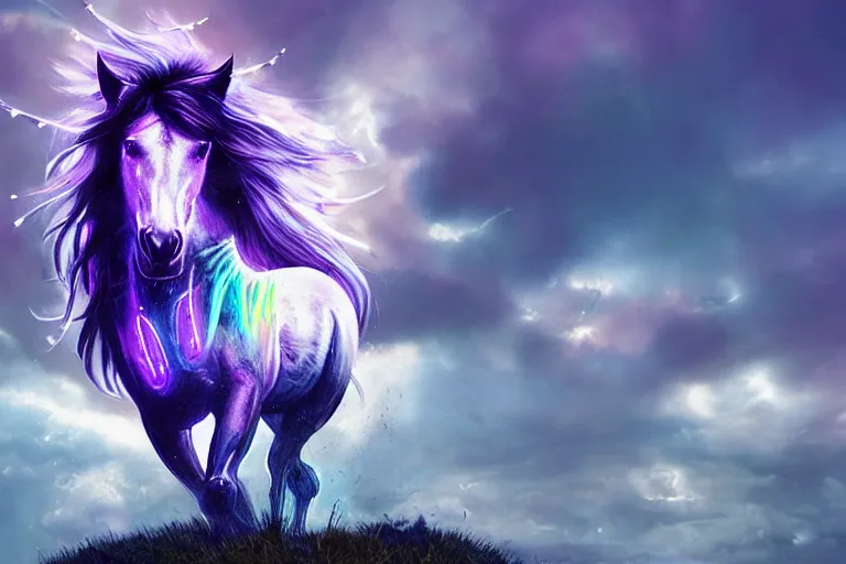 Image similar to a stunning horse with bioluminescent mane and tail running in the clouds by sandra chevrier and greg rutkowski, purple blue color scheme, celtic neon runes, vaporware, retro, outrun, high key lighting, volumetric light, digital art, highly detailed, fine detail, intricate, ornate, complex, octane render, unreal engine, photorealistic