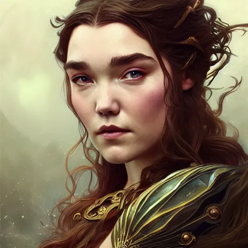 Image similar to Florence Pugh as a fantasy sorceress, D&D, fantasy, intricate, elegant, highly detailed, digital painting, artstation, concept art, matte, sharp focus, illustration, art by Artgerm and Greg Rutkowski and Alphonse Mucha