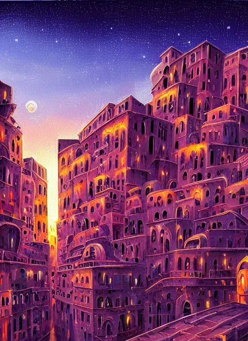 Image similar to ethereal starlit city at sunset, italian futurism, da vinci, hd, digital painting