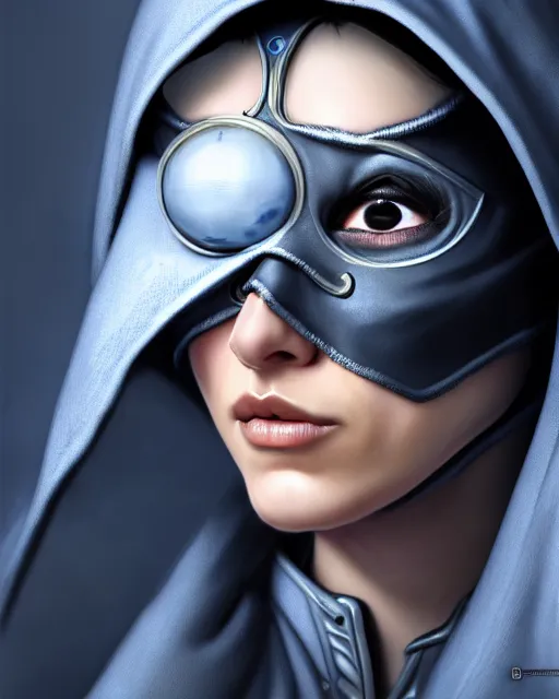 Prompt: ana from overwatch, blue hooded cloak, eye patch, blavk eye patch over one eye, older woman, character portrait, portrait, close up, highly detailed, intricate detail, amazing detail, sharp focus, vintage fantasy art, vintage sci - fi art, radiant light, caustics, by boris vallejo
