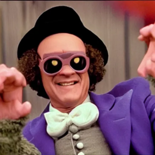 Image similar to Tom Hanks as Samuel L. Jackson dressed as Willy Wonka