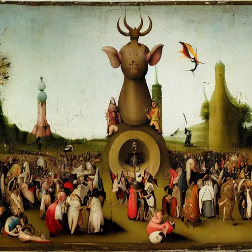 Prompt: a large crowd of smiling people standing in open grassy field staring at the camera, pagan worshippers in robes around a statue of moloch, hieronymus bosch, extreme details, vibrant colors, extreme detailed people