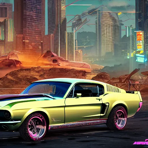 Prompt: a detailed render of a cyberpunk 1 9 6 7 ford mustang fastback, vector art, by dan mumford, yusuke murata, makoto shinkai, ross tran, cosmic, heavenly, god rays, intricate detail, cinematic, 8 k, cel shaded, unreal engine, featured on artstation, pixiv