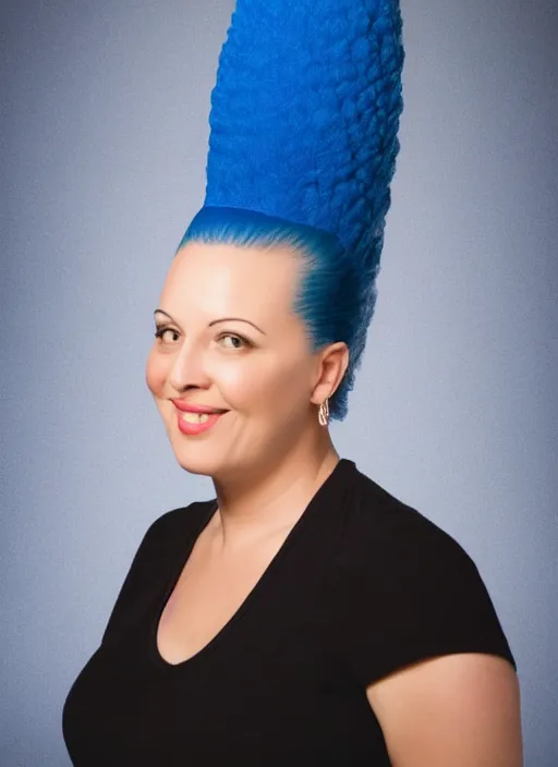 Image similar to Real life Marge Simpson, headshot, studio lighting