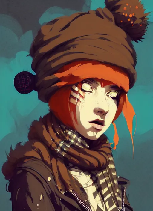 Prompt: highly detailed portrait of a sewer punk lady student, beanie, tartan scarf, wavy blonde hair by atey ghailan, by greg rutkowski, by greg tocchini, by james gilleard, by joe fenton, by kaethe butcher, gradient, orange, black, brown and cream color scheme, grunge aesthetic!!! white graffiti tag wall background