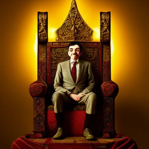 Prompt: A portrait of Mr. Bean depicted as a medieval king on throne, atmospheric lighting, painted, intricate, volumetric lighting, beautiful, rich deep colours masterpiece, golden hour, sharp focus, ultra detailed, by Leesha Hannigan, Ross Tran, Thierry Doizon, Kai Carpenter, Ignacio Fernández Ríos