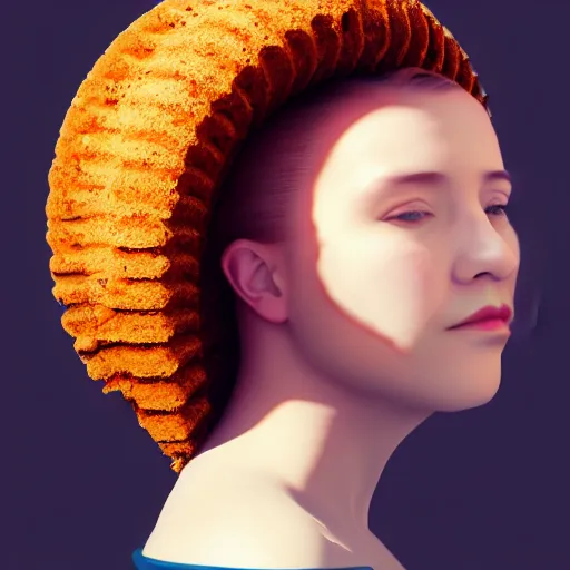 Prompt: portrait of a 30 year old woman with a bundt pan face, wide shot, digital art, 8k, trending on artstation