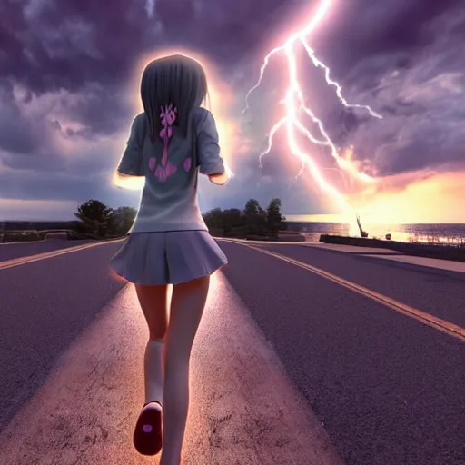 Prompt: 3d hd render of teenager anime girl full body walking backwards octane render post denoised, night sky, volumetric lightning dark grey tint