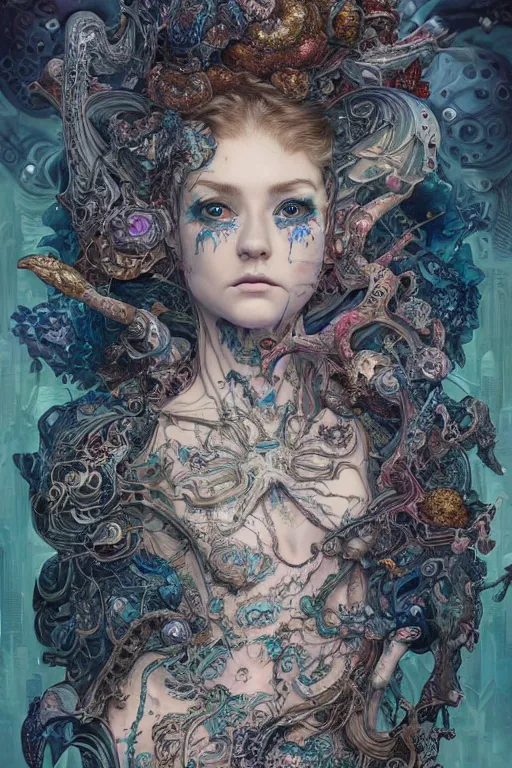 Prompt: A fractal Mesmerizing 8k hyperrealistic Photo Portrait of a pale skinned human with a tattoo by Joe Fenton that is transforming into iridescent geometry, cyberpunk, Surrounded by Mist, highly detailed, intricate, sci-fi, sharp focus, subsurface scattering, art by Ayami Kojima, artgerm, Greg Tocchini, Alphonse Mucha, Yoshitaka Amano