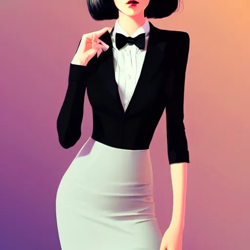 Image similar to young female in black tuxedo, corporate boss, luxury, muted colors, matte print, pastel colors, 2d, ultra highly detailed, smooth, sharp focus, digital art, digital painting, fan art, elegant, artstation, by Ilya Kuvshinov