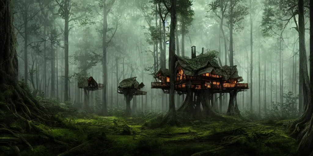 Image similar to photorealistic image of treehouses through a old growth forest, atmospheric lighting, dark, brooding, painted, intricate, ultra detailed, well composed, best on artstation, cgsociety, epic, fantasy, stunning, gorgeous, intricate detail, much wow, masterpiece, cinematic aesthetic octane render, 8 k hd resolution,