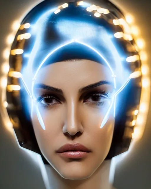 Image similar to centered portrait of soulful eiza gonzalez as a solarpunk mecha humanoid robotic parts with bright led lights, real human face, pudica gesture bouguereau style, in white room, ultra - realistic and intricate, soft portrait shot 8 k