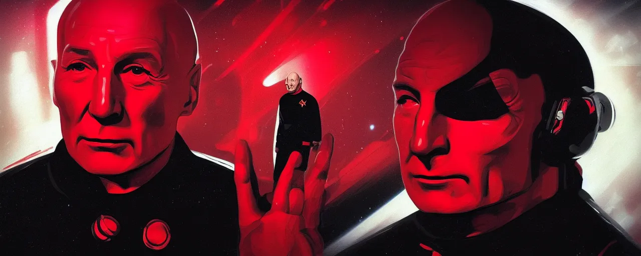 Image similar to duotone black and red concept 3 / 4 portrait of ( ( ( picard facepalm meme ) ) ) captain jean - luc picard with palm on his face inside uss enterprise. accidental renaissance. concept by stanley kubrick. sergey kolesov and ruan jia and heng z. graffiti art, scifi, fantasy, hyper detailed. octane render. trending on artstation