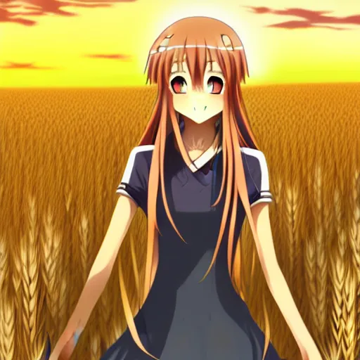 Image similar to anime illustration of Holo from Spice and Wolf standing in a wheat field at sunset, Holo is a wolf girl, high detail, trending on pixiv