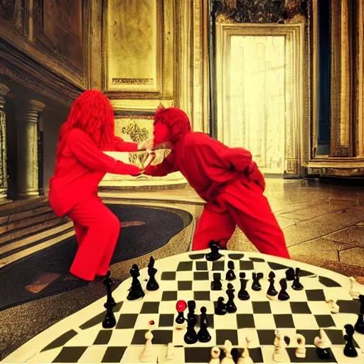 Image similar to a beautiful man wearing a red wig playing chess with an older janitor. baroque. high quality artgem trending fantastic exquisite