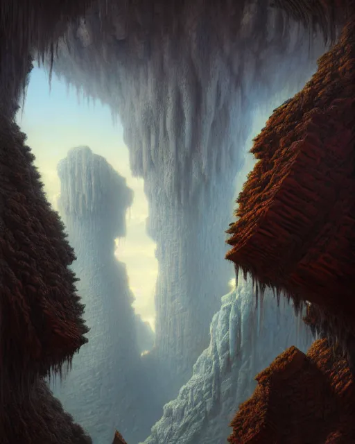 Image similar to a hyper - detailed 3 d render of the ancient hidden city of cloud caves, surrealism!!!!! surreal concept art, lifelike, photorealistic, digital painting, aesthetic, smooth, sharp focus, artstation hd, by greg rutkowski, bruce pennington, valentina remenar and asher duran,