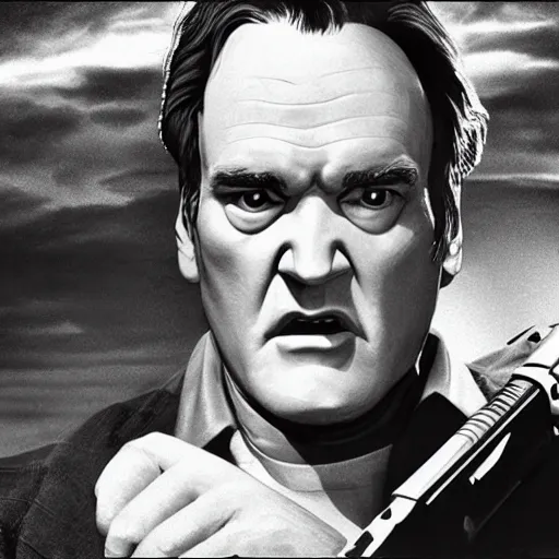 Prompt: ”hyper real photo of quentin tarantino with Pistol in 1930s, film noir style, octane render, cinematic portrait, insanely detailed”